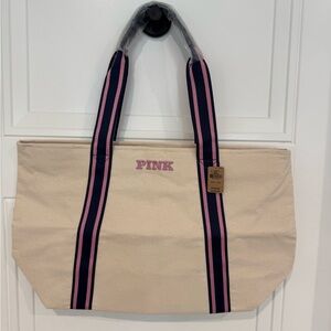 Victoria's Secret Cream Signature Canvas Tote Purple & Pink Details NWT